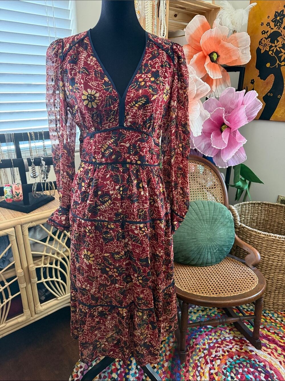 Ba&Sh Gigi Floral Botanical V-Neck Boho Hippie Garden Shower Midi Dress
